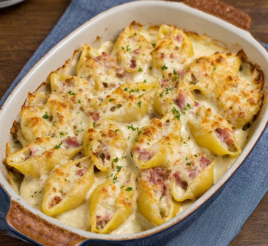 Conchiglioni farcis au jambon nappés de béchamel onctueuse et fromage gratiné, servis bien chauds dans un plat à gratin doré.