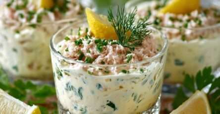 Verrines de crème minute au thon crémeuse garnies d’aneth frais et zeste de citron, servies bien fraîches pour l’apéritif.