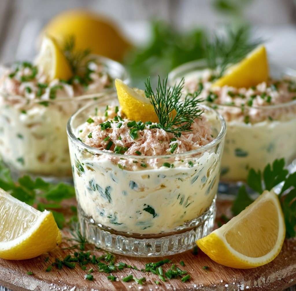 Verrines de crème minute au thon crémeuse garnies d’aneth frais et zeste de citron, servies bien fraîches pour l’apéritif.