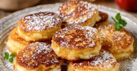 Beignets aux pommes dorés à la poêle, saupoudrés de sucre glace, servis chauds avec miel ou sirop d’érable.