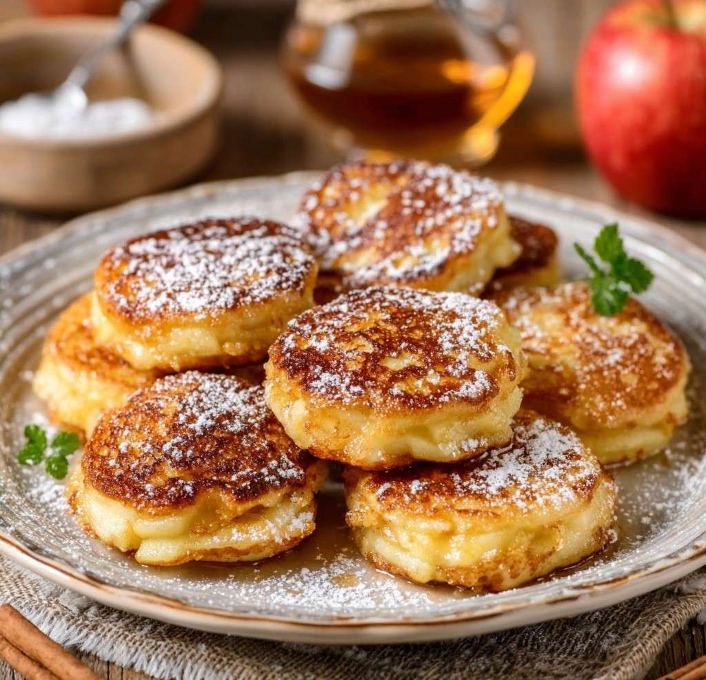 Beignets aux pommes dorés à la poêle, saupoudrés de sucre glace, servis chauds avec miel ou sirop d’érable.