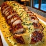 Tranches de filet mignon de porc nappées de sauce moutarde crémeuse, servies avec persil frais et accompagnement de pommes de terre.