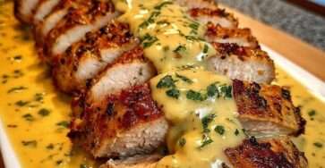 Tranches de filet mignon de porc nappées de sauce moutarde crémeuse, servies avec persil frais et accompagnement de pommes de terre.