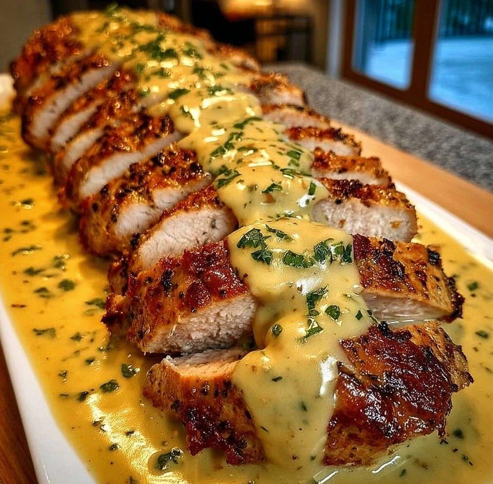 Tranches de filet mignon de porc nappées de sauce moutarde crémeuse, servies avec persil frais et accompagnement de pommes de terre.