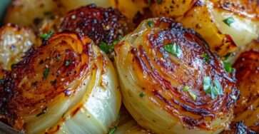 Tranches épaisses de chou rôti au four, bords grillés et caramélisés, parsemées de persil frais sur une plaque de cuisson.