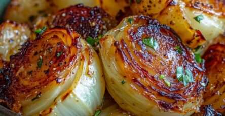 Tranches épaisses de chou rôti au four, bords grillés et caramélisés, parsemées de persil frais sur une plaque de cuisson.