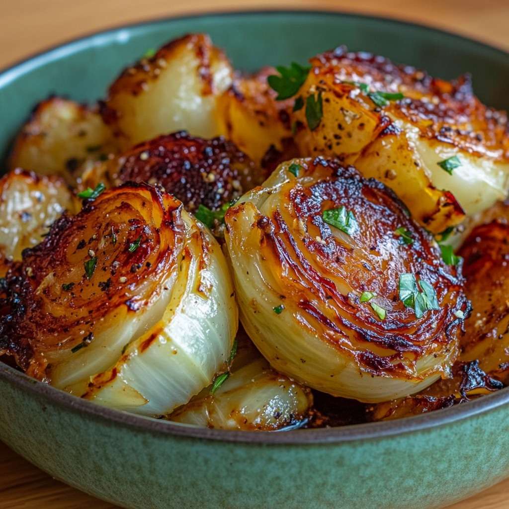 Tranches épaisses de chou rôti au four, bords grillés et caramélisés, parsemées de persil frais sur une plaque de cuisson.