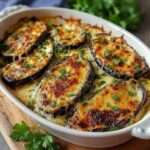 Plat des aubergines gratinées au four, rondelles dorées nappées de fromage fondu et légèrement croustillant sur le dessus.