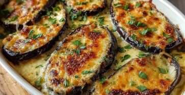 Plat des aubergines gratinées au four, rondelles dorées nappées de fromage fondu et légèrement croustillant sur le dessus.