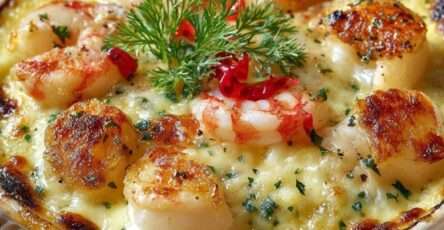 Cassolette individuelle de fruits de mer gratinée au four, sauce crémeuse et fromage doré sur le dessus, décorée d’herbes fraîches.