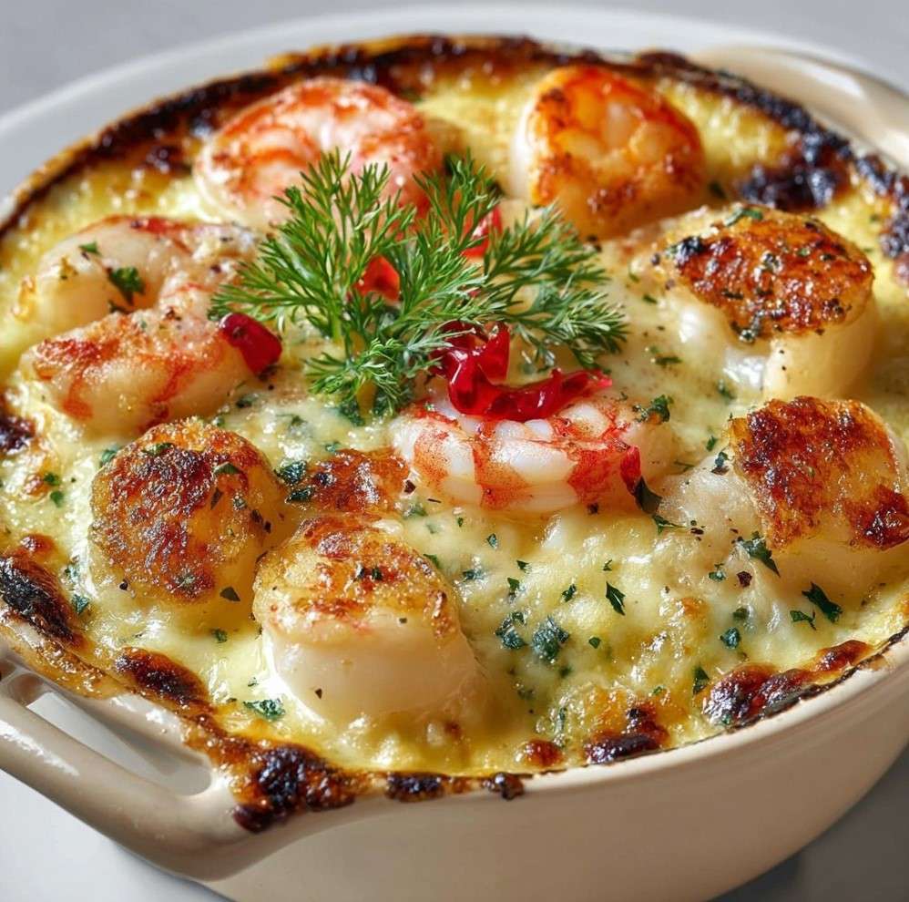 Cassolette individuelle de fruits de mer gratinée au four, sauce crémeuse et fromage doré sur le dessus, décorée d’herbes fraîches.