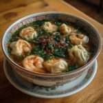 Bol de soupe chinoise aux wontons garnis de crevettes, nouilles asiatiques, épinards et oignons verts dans un bouillon clair parfumé.