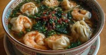 Bol de soupe chinoise aux wontons garnis de crevettes, nouilles asiatiques, épinards et oignons verts dans un bouillon clair parfumé.