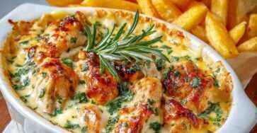 Cassolettes de poulet nappée de sauce au Maroilles fondante, accompagnée de frites maison croustillantes et dorées.