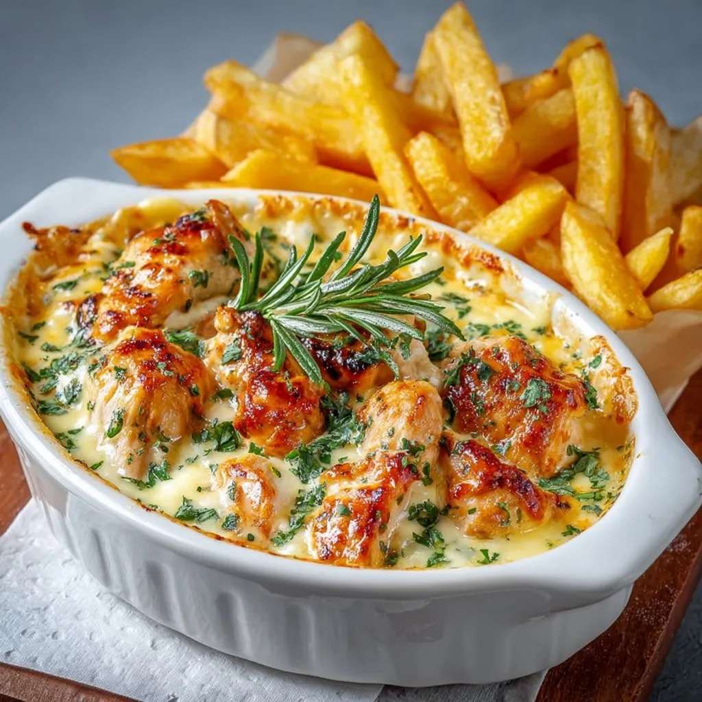 Cassolettes de poulet nappée de sauce au Maroilles fondante, accompagnée de frites maison croustillantes et dorées.