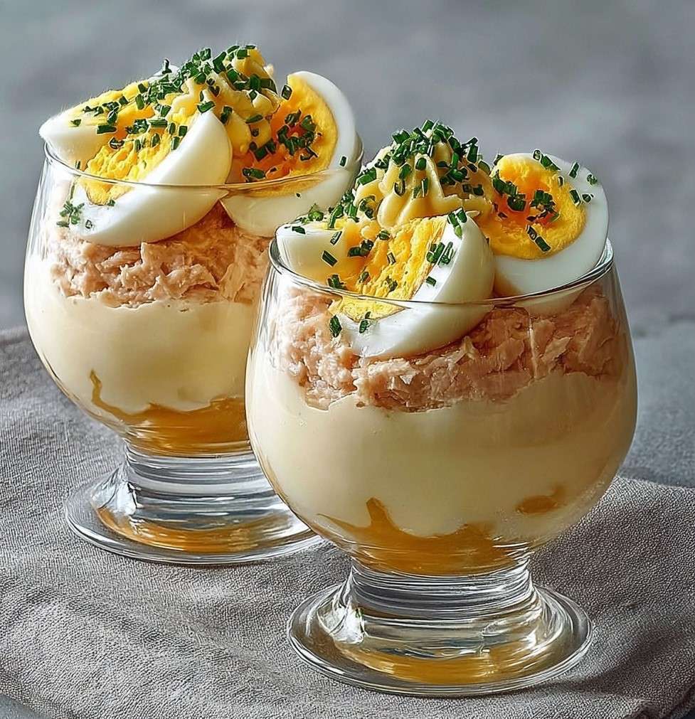 Verrines thon et œufs mimosa en couches, garnies de ciboulette fraîche et pointe de mayonnaise crémeuse.