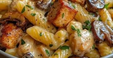 Assiette de pâtes crémeuses courtes au poulet et champignons nappées de sauce crémeuse, parsemées de parmesan et persil frais.