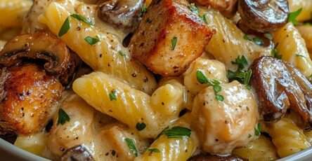 Assiette de pâtes crémeuses courtes au poulet et champignons nappées de sauce crémeuse, parsemées de parmesan et persil frais.