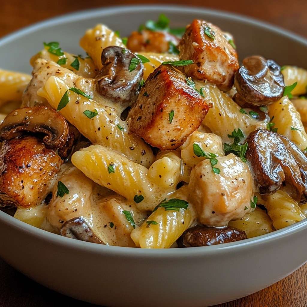 Assiette de pâtes crémeuses courtes au poulet et champignons nappées de sauce crémeuse, parsemées de parmesan et persil frais.