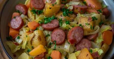 Cocotte de chou braisé aux saucisses fumées avec carottes et pommes de terre, parsemée de persil frais.