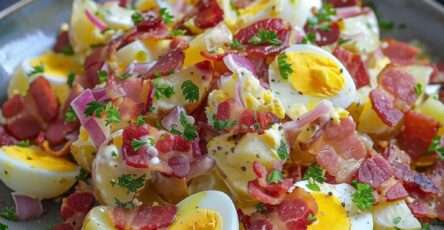 Salade de pommes de terre tiède aux lardons croustillants et œufs durs, parsemée de persil frais.