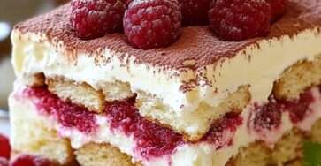 Tiramisu aux framboises en plat familial, couches de crème mascarpone et biscuits imbibés, décoré de framboises fraîches et menthe.