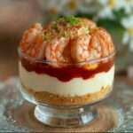 Verrines de tiramisu salé aux crevettes roses présentées en verres transparents, avec base croustillante de biscuits salés, crème onctueuse au fromage frais, fine couche de sauce tomate relevée et crevettes décorées de ciboulette.