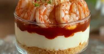 Verrines de tiramisu salé aux crevettes roses présentées en verres transparents, avec base croustillante de biscuits salés, crème onctueuse au fromage frais, fine couche de sauce tomate relevée et crevettes décorées de ciboulette.