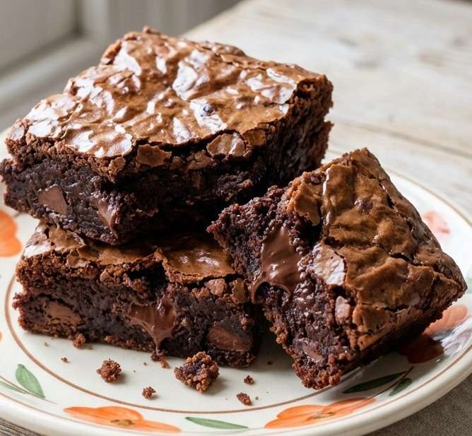 Carrés de brownies fondants aux morceaux de chocolat noir et pépites visibles, texture dense et humide au centre, posés sur une grille avec papier cuisson.