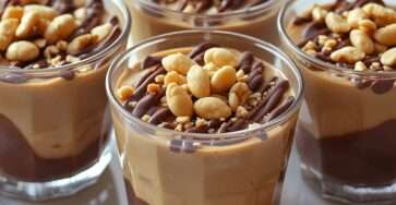 Verrines choco dessert en verre transparent avec couche de crème chocolat au fond, couche épaisse de crème caramel, filet de chocolat noir en zigzag et cacahuètes entières et concassées sur le dessus.