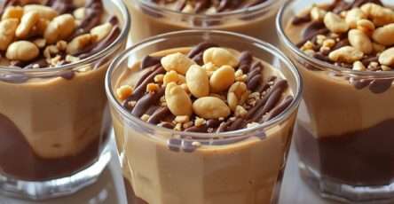 Verrines choco dessert en verre transparent avec couche de crème chocolat au fond, couche épaisse de crème caramel, filet de chocolat noir en zigzag et cacahuètes entières et concassées sur le dessus.