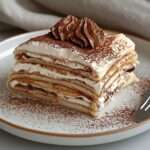 Tiramisu aux crêpes roulées imbibées de café, garnies de crème mascarpone et saupoudrées de cacao amer, présenté en plat rectangulaire avec couches visibles.