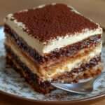 Tiramisù italien classique en plat rectangulaire transparent, couches visibles de boudoirs imbibés de café et crème mascarpone, généreusement saupoudré de cacao amer.