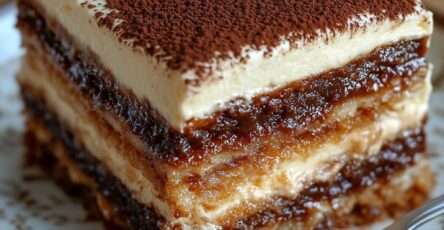 Tiramisù italien classique en plat rectangulaire transparent, couches visibles de boudoirs imbibés de café et crème mascarpone, généreusement saupoudré de cacao amer.