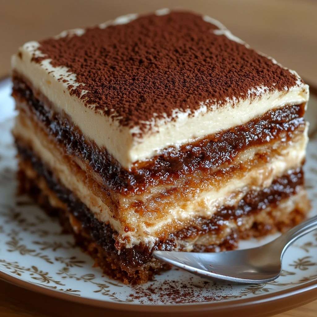 Tiramisù italien classique en plat rectangulaire transparent, couches visibles de boudoirs imbibés de café et crème mascarpone, généreusement saupoudré de cacao amer.