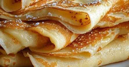 Pile de crêpes fines dorées et souples empilées sur une assiette, texture légère et régulière, prêtes à être garnies de sucre ou de confiture.