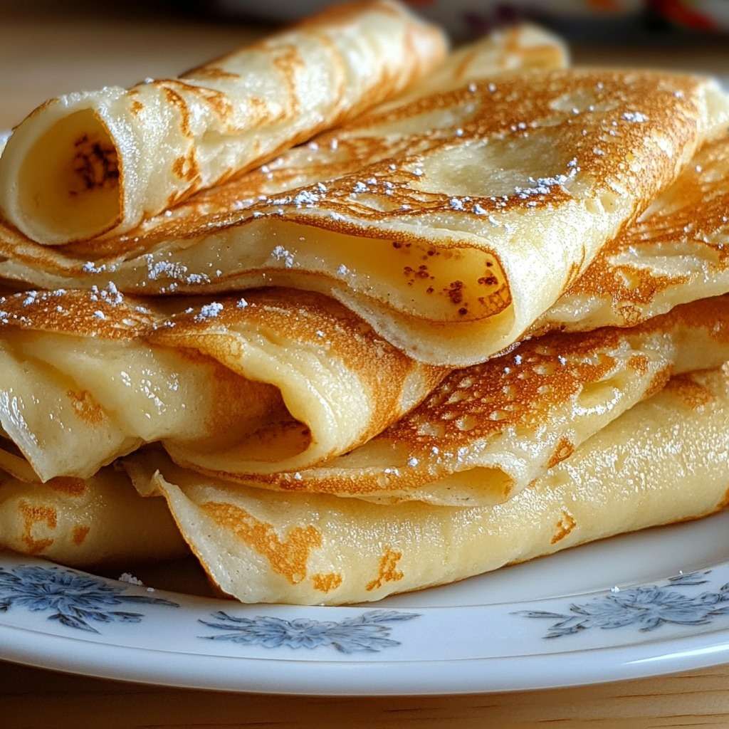 Pile de crêpes fines dorées et souples empilées sur une assiette, texture légère et régulière, prêtes à être garnies de sucre ou de confiture.