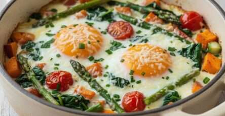 Plat d’œufs cocotte aux légumes rôtis avec patate douce dorée, asperges vertes, épinards frais et tomates cerises, jaunes d’œufs coulants et fromage gratiné au four.