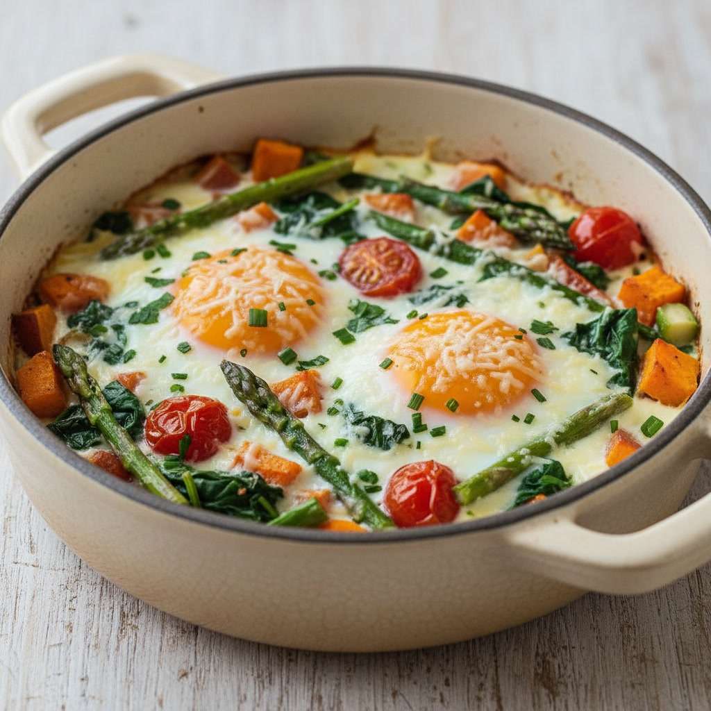 Plat d’œufs cocotte aux légumes rôtis avec patate douce dorée, asperges vertes, épinards frais et tomates cerises, jaunes d’œufs coulants et fromage gratiné au four.