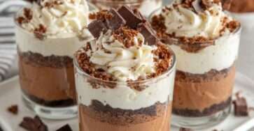 Verrines en verre garnies de mousse au chocolat noir onctueuse, couche de biscuits chocolat émiettés, chantilly vanillée pochée en spirale et saupoudrée de cacao.