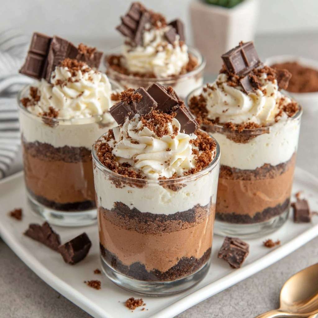 Verrines en verre garnies de mousse au chocolat noir onctueuse, couche de biscuits chocolat émiettés, chantilly vanillée pochée en spirale et saupoudrée de cacao.