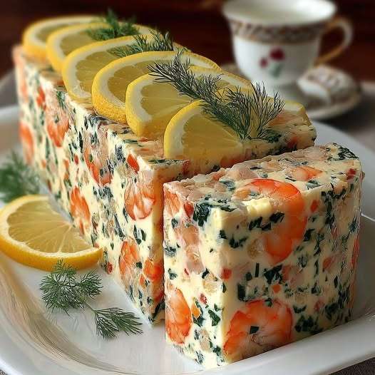 Terrine de crevettes rose pâle tranchée, texture crémeuse et lisse, parsemée d’aneth et de ciboulette, décorée de fines tranches de citron frais.