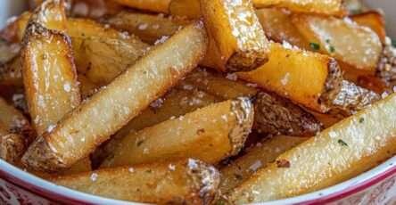 Frites maison au four dorées et croustillantes, peau visible, parsemées de persil frais et fleur de sel, servies chaudes sur une plaque de cuisson.