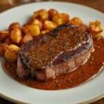Steak grillé nappé de sauce au poivre crémeuse, accompagné de pommes de terre grenaille rôties dorées et croustillantes sur une assiette chaude.