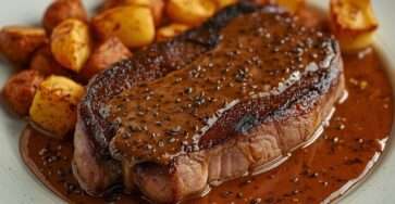 Steak grillé nappé de sauce au poivre crémeuse, accompagné de pommes de terre grenaille rôties dorées et croustillantes sur une assiette chaude.