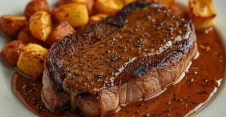 Steak grillé nappé de sauce au poivre crémeuse, accompagné de pommes de terre grenaille rôties dorées et croustillantes sur une assiette chaude.