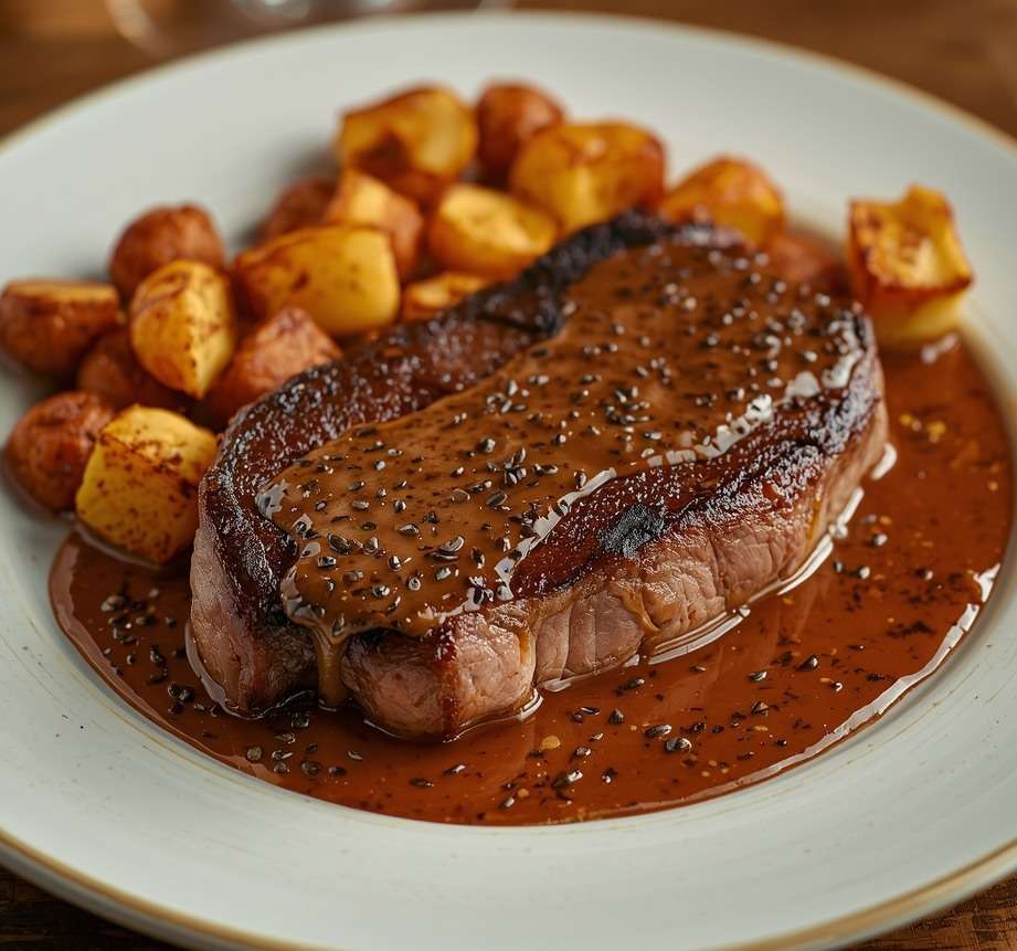 Steak grillé nappé de sauce au poivre crémeuse, accompagné de pommes de terre grenaille rôties dorées et croustillantes sur une assiette chaude.