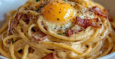 Assiette de spaghettis carbonara crémeux avec lardons dorés, sauce brillante au parmesan et œuf au plat au jaune coulant sur le dessus.