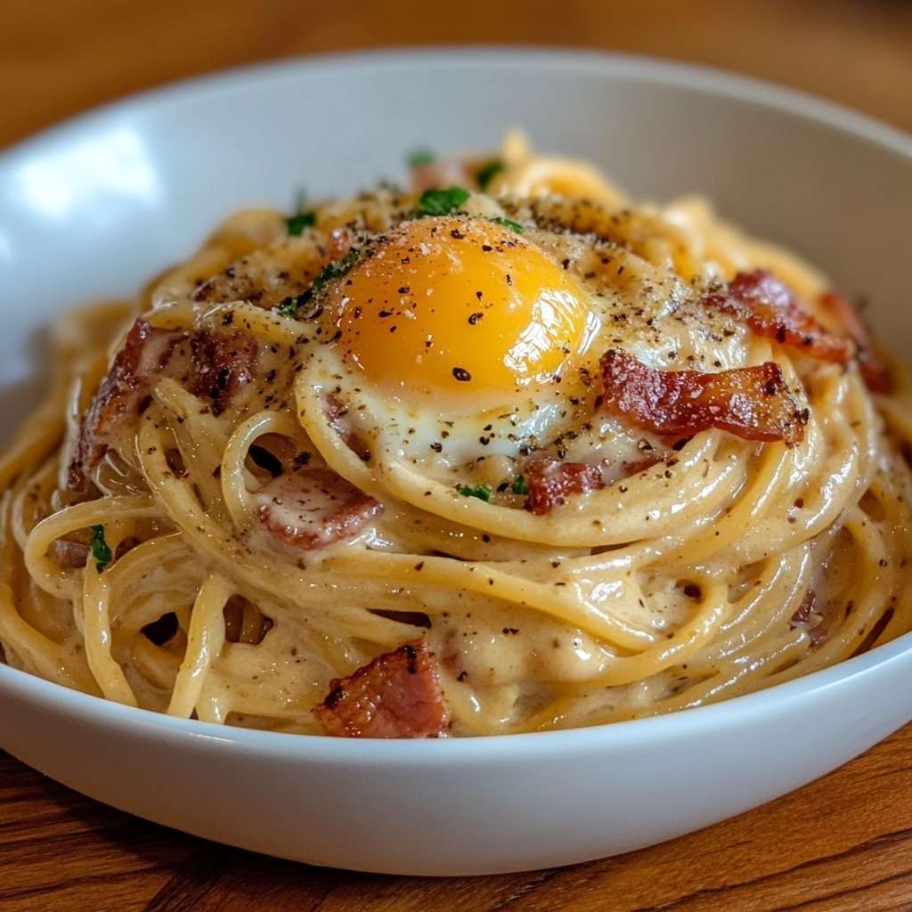 Assiette de spaghettis carbonara crémeux avec lardons dorés, sauce brillante au parmesan et œuf au plat au jaune coulant sur le dessus.