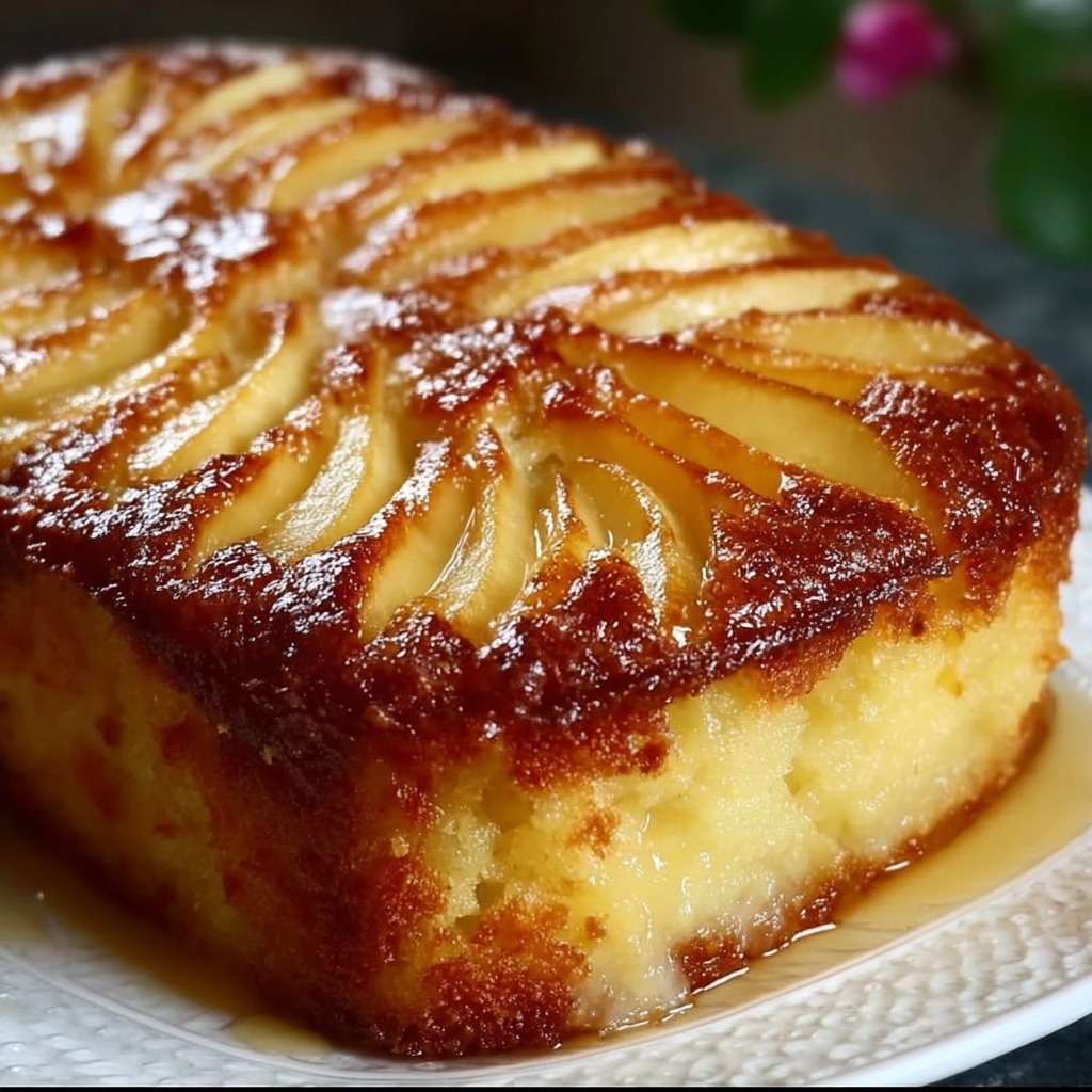 Gâteau aux pommes moelleux et doré, décoré de fines lamelles disposées en rosace, légèrement caramélisé sur le dessus, servi sur une assiette claire avec texture fondante visible à la découpe.